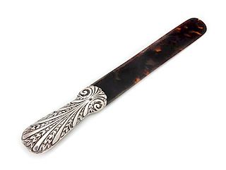 * A Victorian Silver Mounted Tortoise Shell Page Turner, Maker's Mark Obscured, London, 1888, the handle worked to show foliate