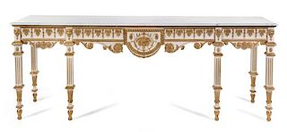 An English White-Painted and Parcel Gilt Console Table Height 36 x width 95 1/2 x depth 24 inches.
