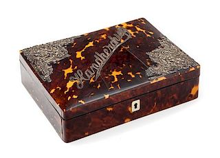 * An English Silver Mounted Tortoise Shell Handkerchief Casket Height 2 1/4 x width 7 3/4 inches.