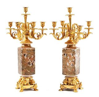 A Pair of Gilt Bronze and Satsuma Porcelain Candelabra Height 23 inches.