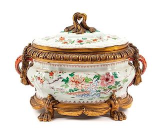 A Chinese Export Bronze Mounted Porcelain Tureen Height 13 x width 17 1/2 x depth 11 inches.