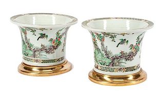 A Pair of Gilt Bronze Mounted Chinese Famille Verte Jardinieres Height 10 x diameter 13 1/2 inches.