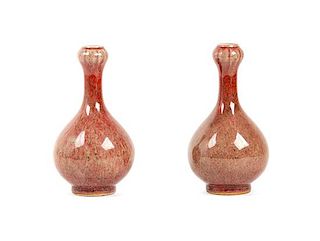 A Pair of Chinese Peachbloom Porcelain Vases Height 9 1/2 inches.