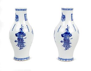 A Pair of Chinese Blue and White Porcelain Vases Height 15 1/2 inches.
