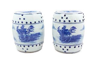 A Pair of Chinese Blue and White Porcelain Garden Seats Height 16 inches.