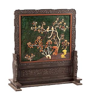 A Chinese Carved Table Screen on Stand Height 43 x width 39 1/2 x depth 15 inches.