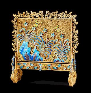 A Chinese Silver Filigree and Enameled Table Screen Height 9 x width 8 1/2 x depth 3 inches.