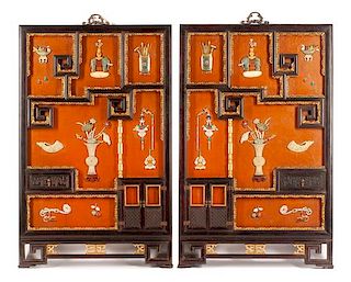 A Pair of Chinese Hardstone Inlaid Wall Panels Height 56 x width 35 x depth 1 3/4 inches.