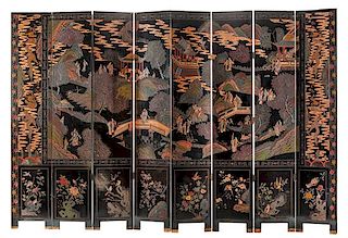 A Chinese Coromandel Eight-Panel Floor Screen Height 96 x width of each panel 17 1/2 inches.