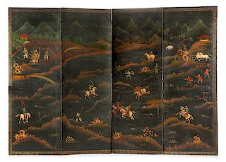 A Chinoiserie Painted Canvas Floor Screen Height 96 x width of each panel 34 inches.