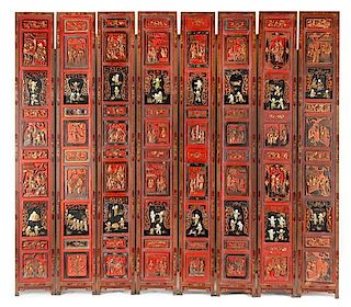 A Chinese Carved, Polychromed and Hardstone Inlaid Lacquer Eight-Panel Floor Screen Height 98 1/2 x width of each panel 14 inche
