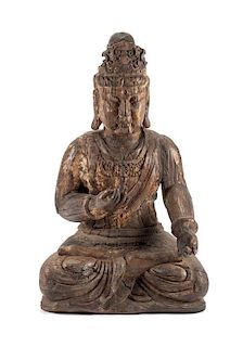 A Chinese Carved Wood Figure of a Seated Buddha Height 40 inches.