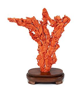 A Large Chinese Carved Coral Figural Group Height 13 1/2 inches.