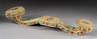 A Chinese Silver and Enameled Scepter Height 2 1/2 x width 14 inches.