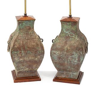 A Pair of Chinese Archaic Style Bronze Urns Height of bronze 18 inches.