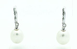 18k White Gold With 12mm Pearl & Diamonds Drop Earrings