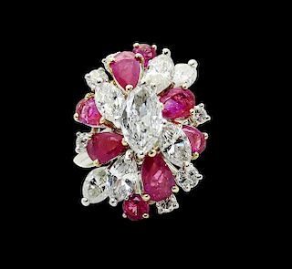 18k & 6.50TCW Marquise Diamond Pear Ruby Cluster Ring