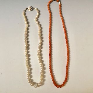 TWO PICESE OF PEARL AND CORAL NECKLACE