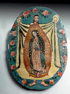 Old Mexican Painted Canvas Retablo, Virgin of Guadalupe