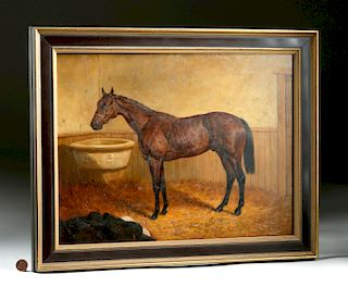Framed 20th C. Neils Roth Painting - Horse in Stable