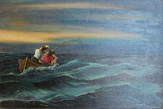 ALMONT? Signed Oil on Canvas Fishing Scene.