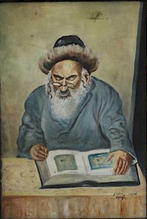 Cyrillic  SIGNED. Oil on Canvas of a Rabbi Reading