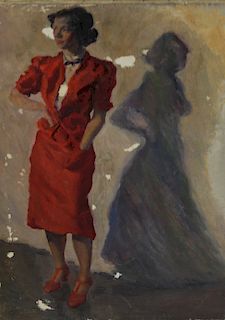 UNSIGNED. Oil on Canvas Lady in Red.
