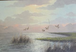 ILLEGIBLY SIGNED Oil on Canvas of Ducks in Flight