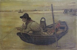 UNSIGNED. Oil on Canvas of a Boy Fishing.