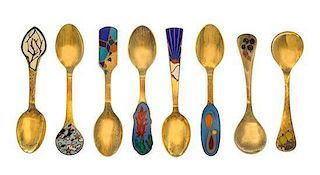 A Set of Eight Danish Silver-Gilt and Enamel Christmas Spoons, Georg Jensen Silversmithy, Copenhagen (2), Anton Michelsen, Copen