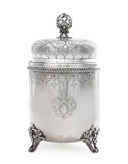 An Italian Covered Jar, Candona, Vicenza, Circa 1950, cylindrical, raised on three openwork bracket supports cast with acanthus
