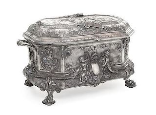 A French Electroplate Jewellery Casket, Late 19th Century, octagonal, raised on four paw supports, the body decorated with panel