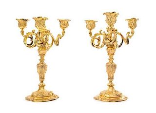 Pair of French Silver-Gilt Small Three-Light Candelabra, Paillard Freres retailed by Guerchet, Paris, Second Half 19th Century,