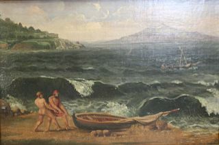 UNSIGNED Oil On Canvas Men Beaching Boat.