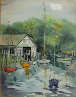 G E Harper Signed watercolor Boat Scene