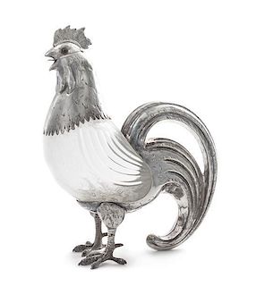 * An Austrian Silver-Plate-Mounted Glass Decanter, 20th Century, realistically formed as a standing cock, the hinged head set wi