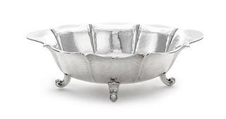 * A German Silver Bowl, Lutz & Weiss, Pforzheim, Circa 1910, lightly spot-hammered, of lobed oval form with flaring rim, raised