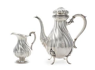 A German Silver Coffee Pot and Matching Creamer, M.H. Wilkins & Sohne, Bremen-Hemelingen, Early 20th Century, both of baluster f