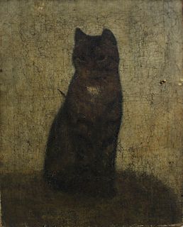 UNSIGNED. Oil On Canvas Black Cat.