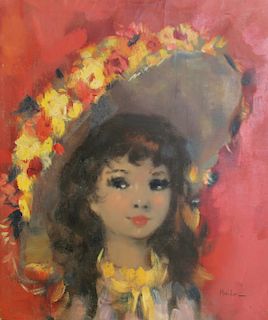 MERIDOR. Signed Oil On Canvas Girl In Bonnet.