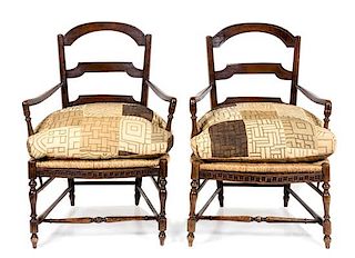 A Pair of Louis XIV Style Provincial Oak Ladder-Back Armchairs Height 39 inches.