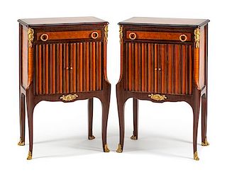A Pair of Louis XV/XVI Transitional Style Gilt Bronze Mounted Parquetry Night Tables Height 33 x width 22 x depth 14 inches.