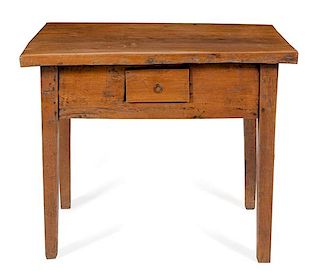 A Provincial Fruitwood Work Table Height 32 x width 39 3/4 x depth 27 inches.