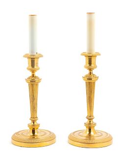 A Pair of Neoclassical Gilt Bronze Candlesticks Mounted as Lamps Height 15 inches.