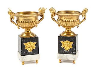 A Pair of Empire Style Gilt Bronze and Marble Urns Height 16 1/2 inches.