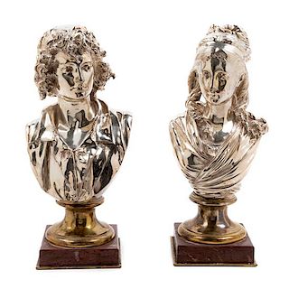 Two French Silvered Bronze and Marble Busts Height of first 12 1/2 x width 6 inches.