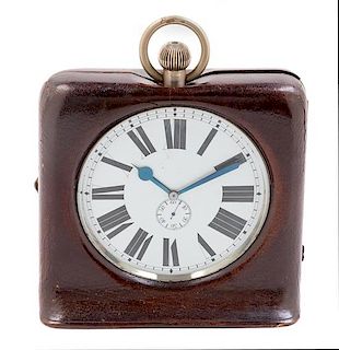 A French Leather Cased Carriage Clock Height 7 1/2 x width 7 inches.