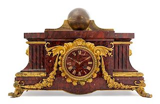 * A French Gilt Bronze Mounted Marble Mantel Clock Height 12 1/2 x width 19 x depth 8 1/2 inches.