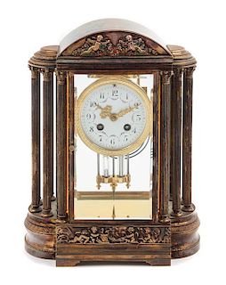 * A French Silver-Plate Mantel Clock Height 13 x width 10 x depth 5 1/4 inches.