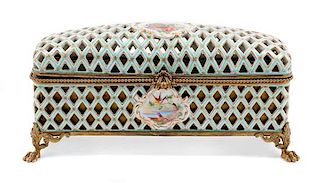 A French Gilt Metal Mounted Porcelain Box Height 7 1/2 x width 15 1/2 x depth 5 1/4 inches.